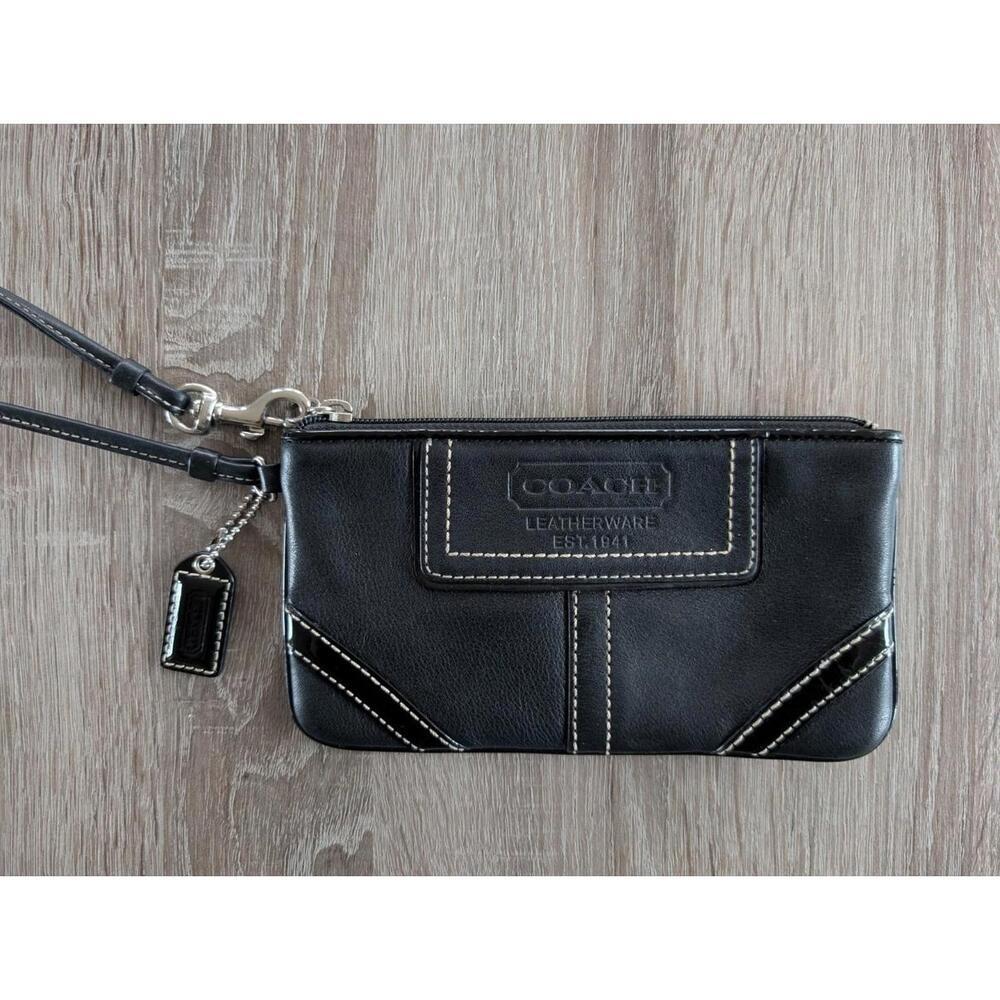 Coach Black Leather Zip Top Wristlet Wallet Pouch Y2K